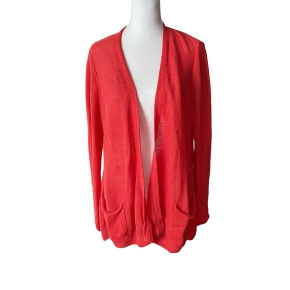 J.Jill Small Cardigan Sweater Linen Cotton Red Orange Open Front Pockets - Picture 1 of 12
